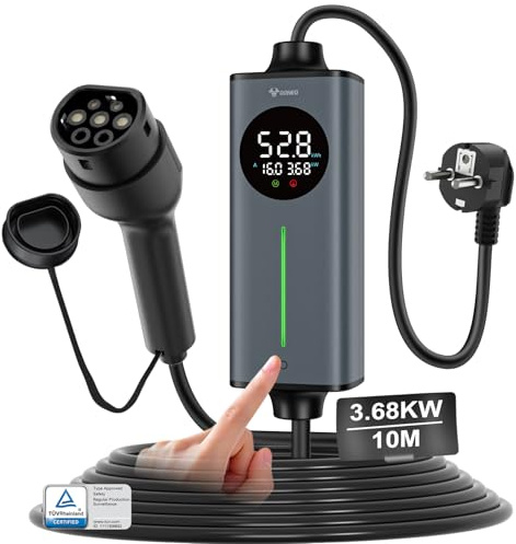 GONEO cargador coche electrico carga rapida portatil 3,68kw schuko tipo 2 16A 10M | sensor de temperatura y tierra detección,AC 30mA+DC 6mA Protección,tiempo y corriente ajustables,Cargador de casa VE