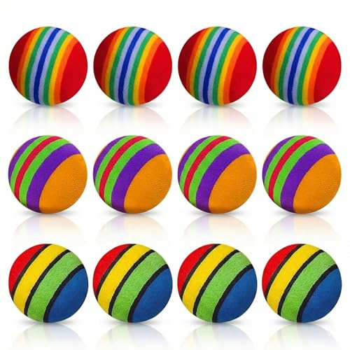 Hopzab 12 Pcs Rainbow Cat Toy Balls Interactive Rainbow Striped Sponge Balls Soft EVA Foam Cat Toys for Kittens Cats Small Dogs Puppies,Chase Play Training Ball