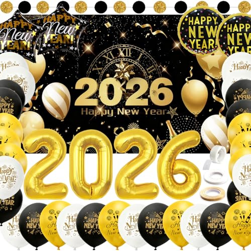 Silvester Deko 2026 Dekoration Set, Happy New Year Banner, Schwarze und Goldene Luftballons Folienballons, 2026-Luftballons, Girlande, für Neujahrsfeiern Innen- und Außenbereich Party