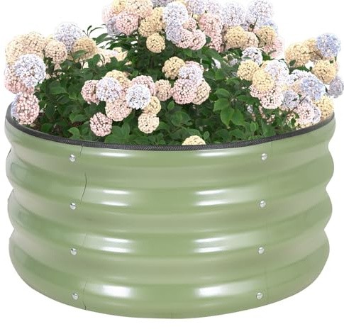 Round Raised Garden Bed - 1Pc 2x2x1ft Galvanized Steel Planter Boxes Outdoor with Rubber Edge Trim | Metal Raised Beds for Gardening Vegetables Flowers Fruits Herbs (Olive Green)