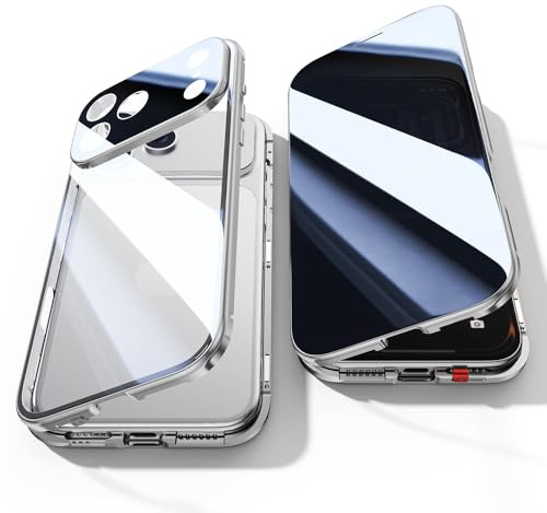 Jonwelsy Anti Peeping Hülle für iPhone 17 Pro, 360 Grad Schutz Case, Privatsphäre Gehärtetes Glas Anti-Spähen Cover, Stark Magnetische Adsorption Metallrahmen Handyhülle (Silber)