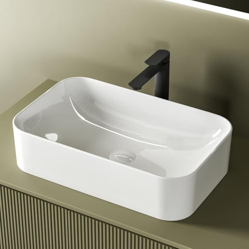 EMKE Aufsatzwaschbecken Rechteckig 61,0 × 38,0 × 15,0 cm – Keramik Waschbecken, Waschschale für Gäste-WC & Bad – Ohne Hahnloch & Überlauf, kratzfest & leicht zu reinigen, Weiß