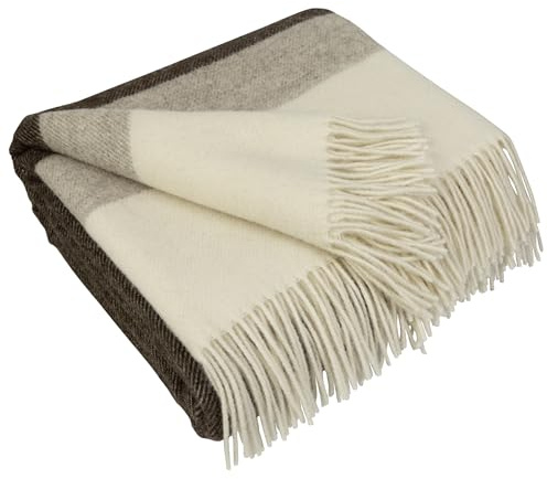 LYHome Lammwolldecke 100% Schurwolle, Warm Kuscheldecke 140 x 200 cm | Winterdecke, Couchdecke, Sofadecke, Tagesdecke , Winter Decke Sofa, Warme Decken Couch | Braun mit Streifen