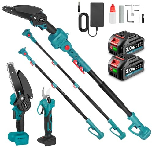 Yofidra 4 en 1 6 Pulgadas Motosierra Telescopica & 25 mm Tijeras de Podar Eléctricas, podadora telescopica inalámbrica con 2x3.0Ah baterías, ángulo ajustable de 180°, alcance máximo de hasta 4,6 m