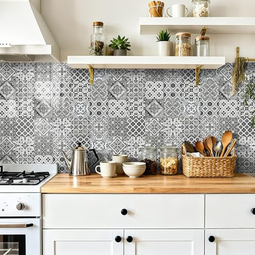 Klebefliesen Elegantes Grau Fliesensticker Wasserdicht PVC Tile Sticker Entfernen Kleben Klebefolie Fliesen Dekoration für Badezimmer Möbel Selbstklebende Fliesen 24 Stück/10x10cm