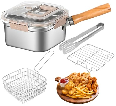 Poêle antiadhésive en acier inoxydable 20,5 x 20,5 x 11,5 cm Friteuse avec filtre amovible | Casserole de cuisine multifonction portable légère pour le camping, les voyages en plein air, friture dôme