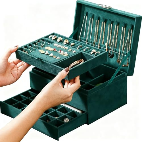 Lumcoyee Jewellery Organisers Box for Women Girls, 3-Tier & 2 Drawer Green | Lockable Anti-Tarnish Jewellery Display Case with Removable Tray, for Necklaces Bracelets Rings