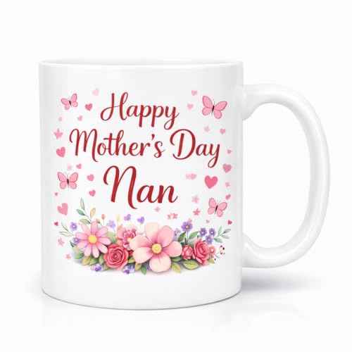 Vacso Trading Happy Mother’s Day Nan Mug – Floral Nan Gift from Grandchildren – Cute Butterfly Flower Coffee Cup – Mother’s Day Present for Grandma – Ceramic Tea Mug for Nana