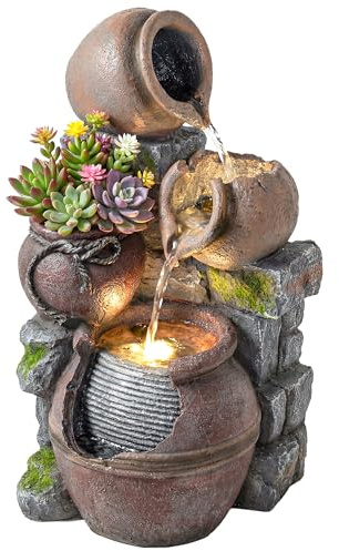 Outsunny Outdoor Fountain Cascading Waterfall LED Lights Rustic Brown