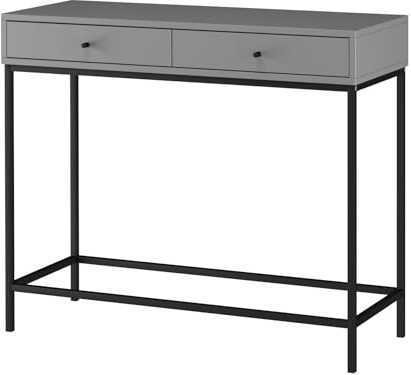 Celine Konsolentisch aus MDF Grau, 90 x 35 x 76 cm, Flurtisch mit 2 Schubladen und Metallbeinen, moderner Konsolentisch aus MDF für Eingangsbereich, Wohnzimmer und Schlafzimmer