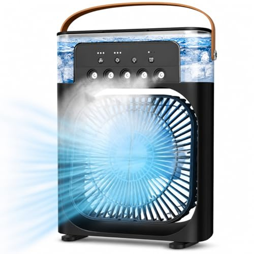 Portable Air Cooler Mini Air Conditioner USB Personal Desk Fan with Mist Humidifier, 3 Speeds, Timer, 7 Colour LED Light, Quiet Cooling Fan for Home Office Bedroom Car