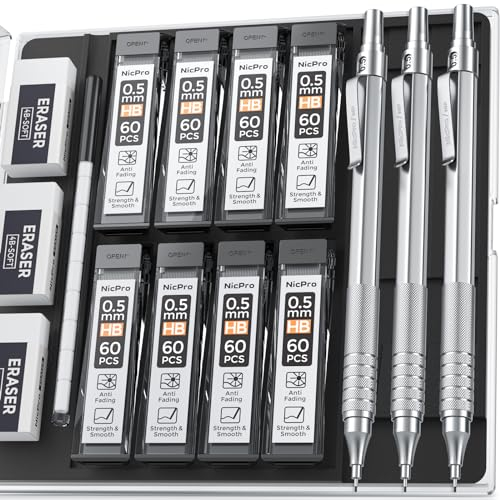 Nicpro 3 Stücke 0,5 mm Druckbleistifte Set mit Etui, Automatische Metall Mechanische Stifte, 6 Dosen HB Bleistiftminen, 3 Radiergummis für Schreiben, Engineering Zeichnen, Skizzieren