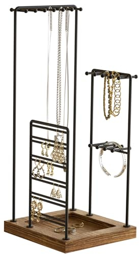 J JACKCUBE DESIGN Schmuckständer, schwarzer Metallständer mit Holztablett für Halsketten, Armbänder, Ohrringe, Ringe, große Aufbewahrung – MK640 (schwarz)