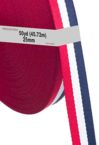 TUKA-i-AKUT 46 Meter x 25mm Polyester - 1,3mm Stark - Mehrfarbiges Gurtband aus Polyester - 46 Meter (50YD) Länge und 25 mm Breite, Rot/Weiß/Blau, TKB5074 redwhiteblue
