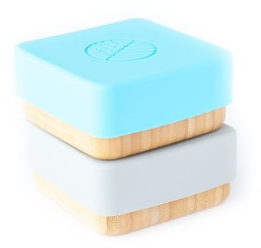 eco rascals 2 x ollas de bambú natural para bebé pequeño | macetas de almacenamiento en seco | tapas de silicona de grado alimenticio, azul y gris