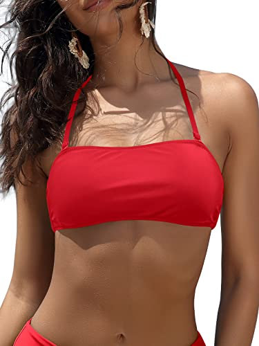 SHEKINI Costume da Bagno Donna Due Pezzi Imbottito Halter Regolabile Bandeau Bikini Top Costumi Due Pezzi Donna Vita Alta Controllo Addominale Bikini Fondo(M, Bikini Top -Rosso)