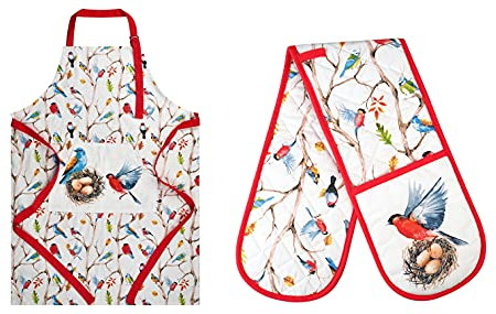 SiXsigma Sports Cooking Chefs Apron's With Double Oven Gloves - Quick Dry Kitchen Cotton Aprons For Cooking, Baking & BBQ Grill - Perfect Mothers Day Gifts (Dawn Chorus Apron and Double Oven Gloves)