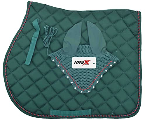 Saddle Pads with Matching Diamante Set Fly Veil Bonnet Ear bonnet Padded Numnah (FULL, Dark Green)