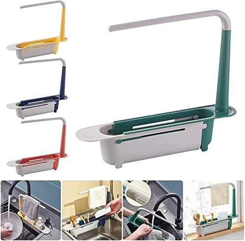 Telescopic Sink Storage Rack, Adjustable Length Sink Organizers, expandable storage drain basket rack, Kitchen Gadgets Accessories Tool. (Red)