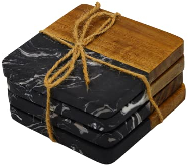 Kadum quadratische Untersetzer Thasos | aus schwarzem Marmor & Akazienholz | 9 cm 4er Set | für Getränke, Tassen, Bar, Glas | eckige Tischuntersetzer Glasuntersetzer Set für Gläser schwarz (Schwarz)