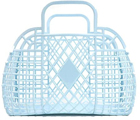 Retro-Gelee-Strandtasche, Geldbörse, Marktkorb, Frühlings-Kindertasche, Kunststoff-Aufbewahrungskorb, Kinder, Baby, Hochzeit, Blumenmädchen, Junggesellinnenabschiede, Boo-Taschen (020LIGHTBLUE)