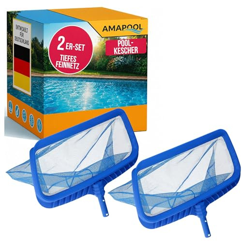 Amapool 2er Set Poolkescher Deluxe - Bodenkescher mit tiefem Netz | Extra stabiler Kunststoffrahmen für Ø 28 mm Teleskopstange, feinmaschiger Tiefenkescher zur Poolreinigung, 40 x 50 cm