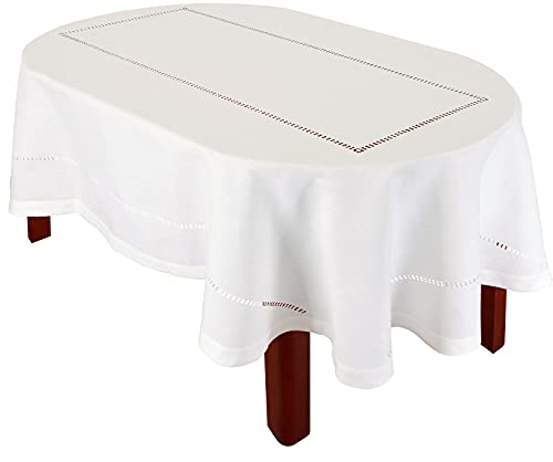 Grelucgo Einfarbige, ovale Tischdecke mit doppeltem Hohlsaum, oval, 152,4 x 259,1 cm, gebrochenes Weiß