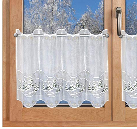 SeGaTeX home fashion Weihnachts-Scheibengardine Tanne im Schnee Wintergardine 40 cm hoch Plauener Stickerei