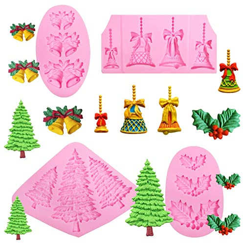 Christmas Bell Silicone Chocolate Mold, 4 Packs Christmas Tree Holly Fondant Molds for Cake Decorations Cupcake Holly Leaf Toppers for Soaps Cookie Sugarcraft