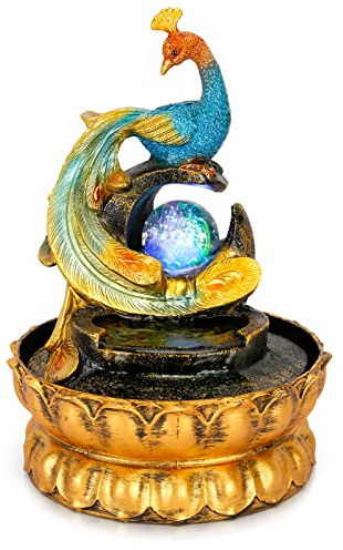 Dyna-Living Indoor Fountain Tabletop Water Fountains with Illuminated Rolling Ball Peacock Water Feature Indoor Relaxation Fountain for Home Office Decor Relaxation 7.9 X7.9 X11