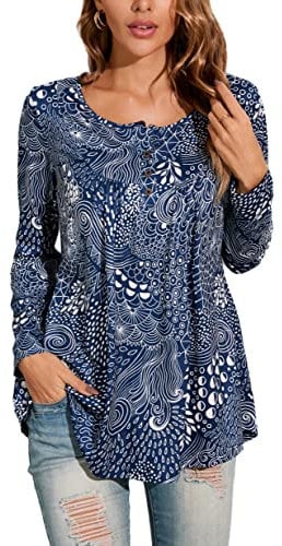 Enmain Tunic Tops Long Sleeve Plus Size Casual Ladies Tunic Tops Small V Neck Button Up T Shirt Blouse,Navy 2,L