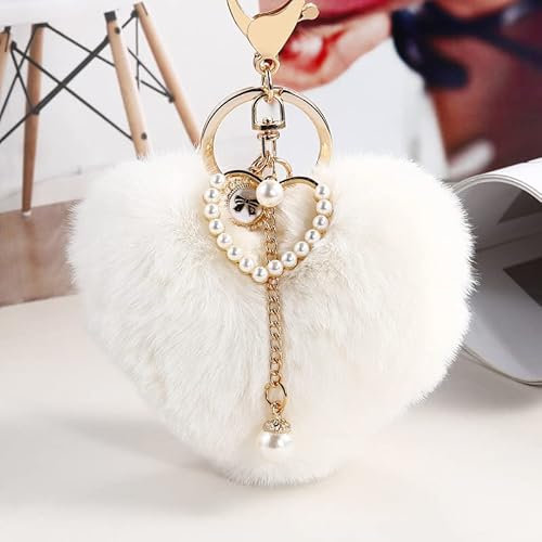 Pom Pom Schlüsselanhänger Liebe Herz Fuchspelz Plüsch Bommel mit Perle Quaste Schlüsselbund Handtasche Schlüssel Auto Taschen Koffer Rucksäcke Zubehör Schlüsselring Anhänger Geschenk für Damen