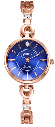 JewelryWe Uhren Damen Analog Quarz 30m wasserdichte Armbanduhr Elegant Einfach Strass Metallarmband Beiläufige Uhr Spangenuhr mit blauem runden Zifferblatt und Uhrenwerkzeug Rosegold