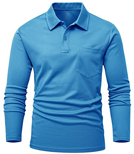Rdruko Long Sleeve Polo Shirts for Men Breathable Wicking Quick Dry Casual Work Golf Tops with Chest Pocket Azure Blue M