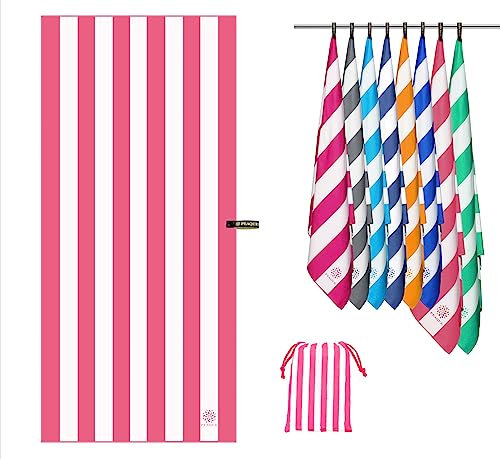 PEAQUE Mikrofaser-Handtuch mit Tasche - 90x200 cm - gestreiftes Badetuch, Reisehandtuch, Microfaser Handtücher, leicht, schnelltrocknend, dünn - Rosarot/Weiß