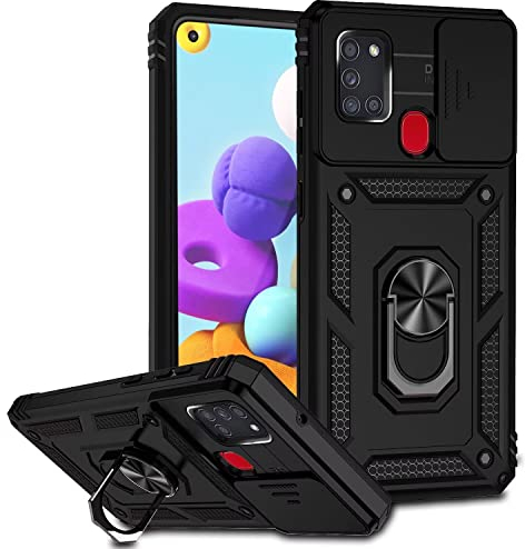Jeelar ESONG Handyhülle für Samsung Galaxy A21s Ständer Hülle,[360 Grad Metall Ring Drehung Halter][Kameraschutz ],Militär Handy Stoßfeste Handytasche Case Outdoor Schutzhülle Cover,Schwarz