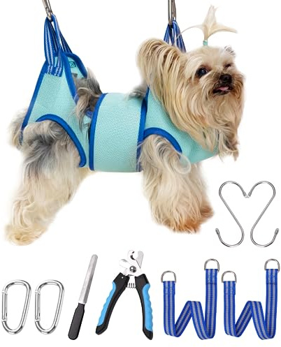 Kkiimatt Haustierpflege-Hängemattengeschirr,Hundepflege-Hängematte kleine Hunde,Hundenageltrimm-Hängematte mit Nagelknipser,Hundehängematte zur Pflege mit breitem Riemen (XX-Small 3.5 KG Max/Türkis)