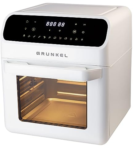 Grunkel - Freidora aire 12L y 1500W - Air Fryer WHITE FRYER OVEN - 12 programas. Panel control digital a color Multifunción y ventanal visualización retroiluminada. Temporizador 60 minutos (Blanco)