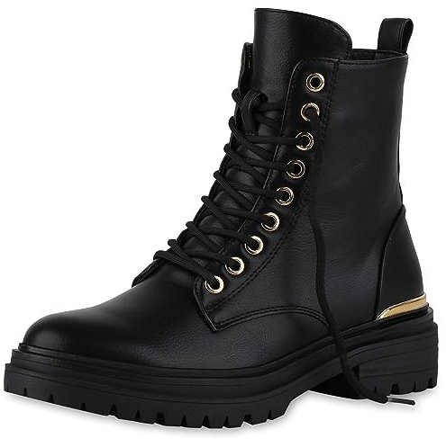 VAN HILL Damen Schnürstiefeletten Blockabsatz Profilsohle Trendy Schuhe 840526 213059 Schwarz 38
