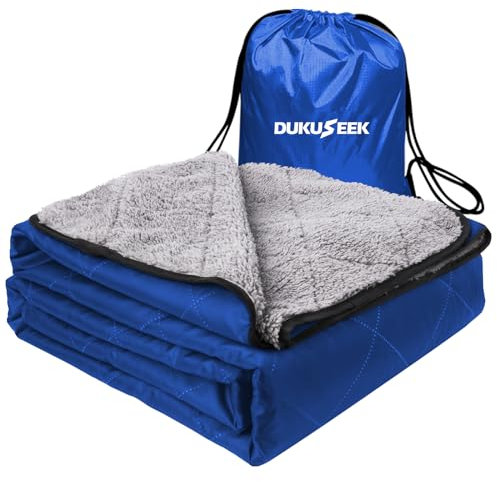 DUKUSEEK Hooded Stadium Blanket, Sherpa Waterproof & Windproof Camping Blanket for Cold Weather, Camping Stadium, Beaches, Picnics, Dogs, Car (Blue)