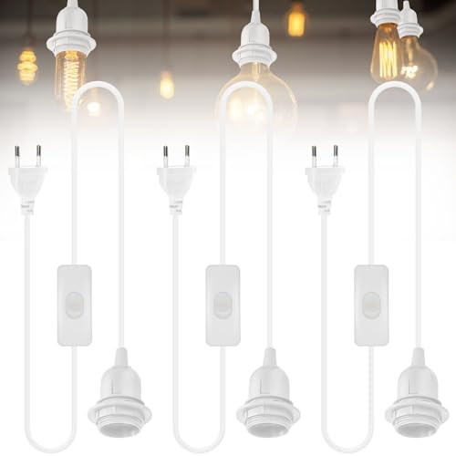 3 Stück Lampenfassung E27 mit Kabel und Schalter, E27 Fassung mit 1,8m Kabel Schraubring, Lampensockel Lampenkabel mit Stecker Geeignet für Lampenaufhängung Pendelleuchte Schlafzimmer Esszimmer