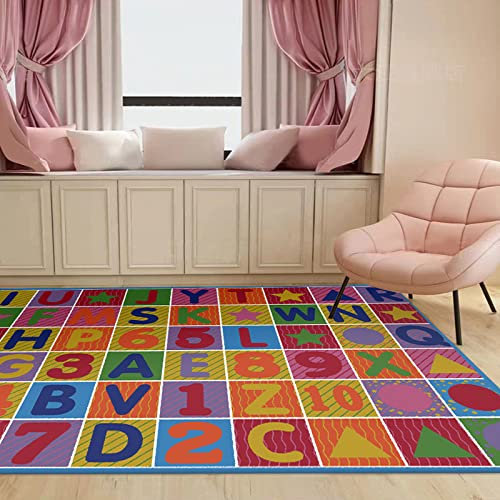 Teppich modernes Design Kurzflor 200 X 300 cm Cartoon niedliche Zahlen englische Buchstaben für Balkon Terrasse Wintergarten, Küche Esszimmer 200x300cm