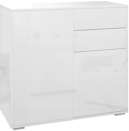 HOMCOM Meuble de Rangement Buffet Commode Armoire de Rangement avec 2 tiroirs et 2 placards à Portes, étagères réglables, pour Salon, Cuisine, Chambre, 79 x 36 x 74 cm Blanc Brillant
