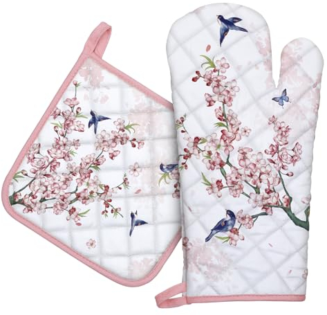 Arquiel Guanti Da Forno Presina Set Di 2, 100% Cotone Addensare Guanti Da Forno A Microonde, Presine Da Cucina Morbida Resistenti Al Calore Per Arrostire, Cuocere(Uccello del ramo di fiori rosa)