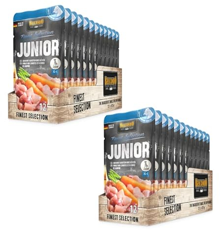 Belcando Finest Selection Junior Huhn mit Karotte | Doppelpack | 2 x 12 x 125 g | Feuchtnahrung für Hunde | Für Sensible oder wählerische Junge Hunde | Kalt gresstes Lachsöl