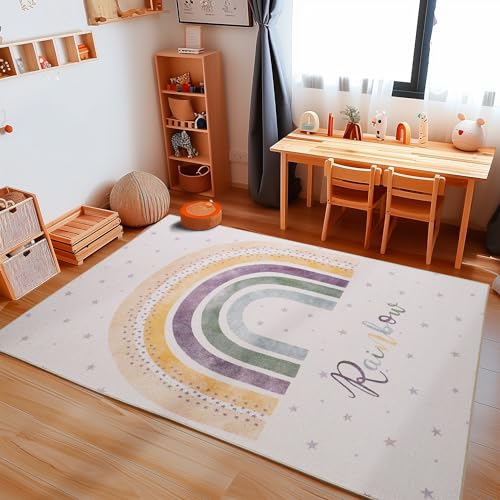 Carpetsale24 Kinderteppich Regenbogen Muster Jungen-Mädchen Babyzimmer Teppich Kinderzimmer Creme Teppich, Maße:80 x 120 cm, Farbe:Creme
