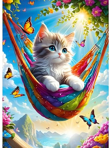 GDYEEH 5D Katze Diamant Painting Pictures, DIY Schmetterling Diamant Art Painting Kits, Hängematte Diamond Painting Set for Adults Anfänger, Mosaic Making, Diamond Painting for Home Decor 30x40cm