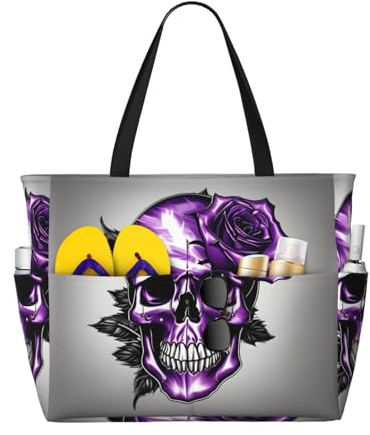 SDEGTHO MDATT Strandtasche mit lila Rose und Totenkopf, große Strandtasche, Strandtasche mit Reißverschluss, Schwimmbadtasche, Schwarz, One Size