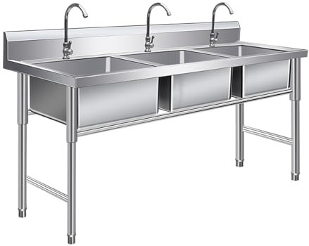 DHNDSDP Lavandino in Acciaio Inox 304 Lavello da Cucina A Tre Occhi Lavello da Cucina con Alzatina da 15 Centimetre Lavabo Commerciale Freestanding R Angoli Arrotondati(150x60x80cm/59.1x23.6x31.5)