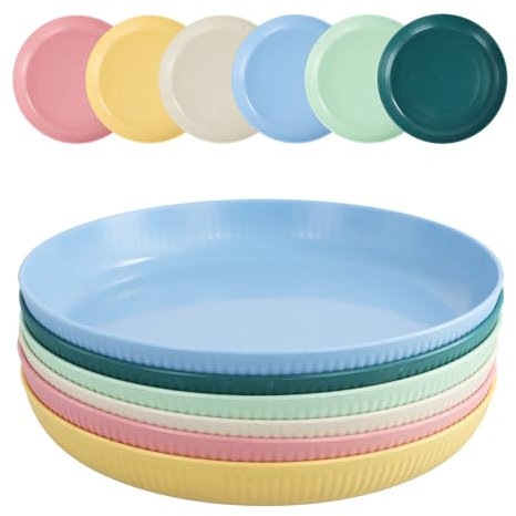 YILANJIN, Set de 6 Platos de Plástico Reutilizables, Platos Grandes Irrompibles - Fáciles de Limpiar - Aptos para Microondas - Platos Ligeros para llanos, desayuno, Picnic y Camping - Multicolor,23cm